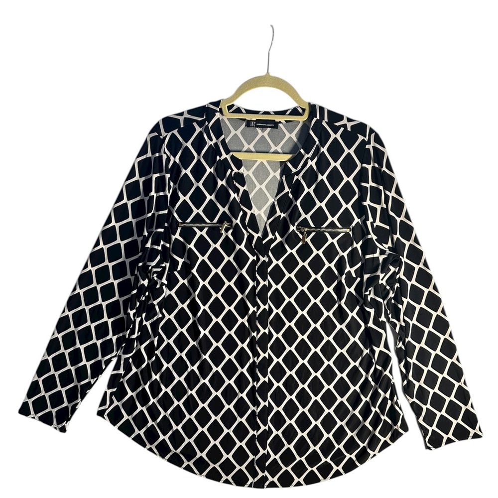 INC Black and White Diamond Pattern Blouse Size 1X